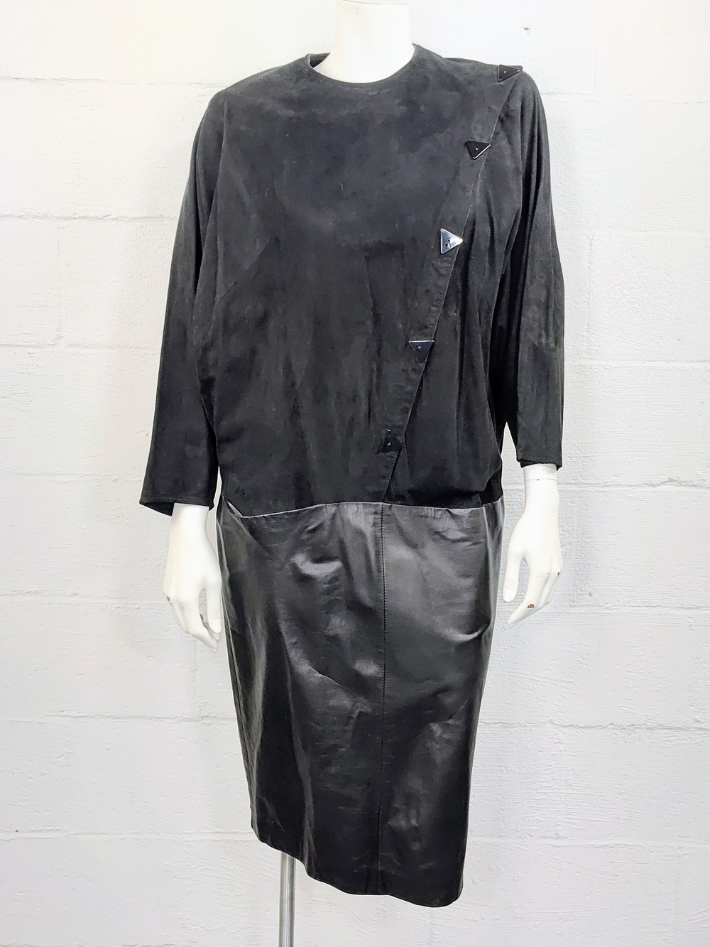 Leathercraft Process Vintage 80's Black Leather & Suede Drop Waist Dress